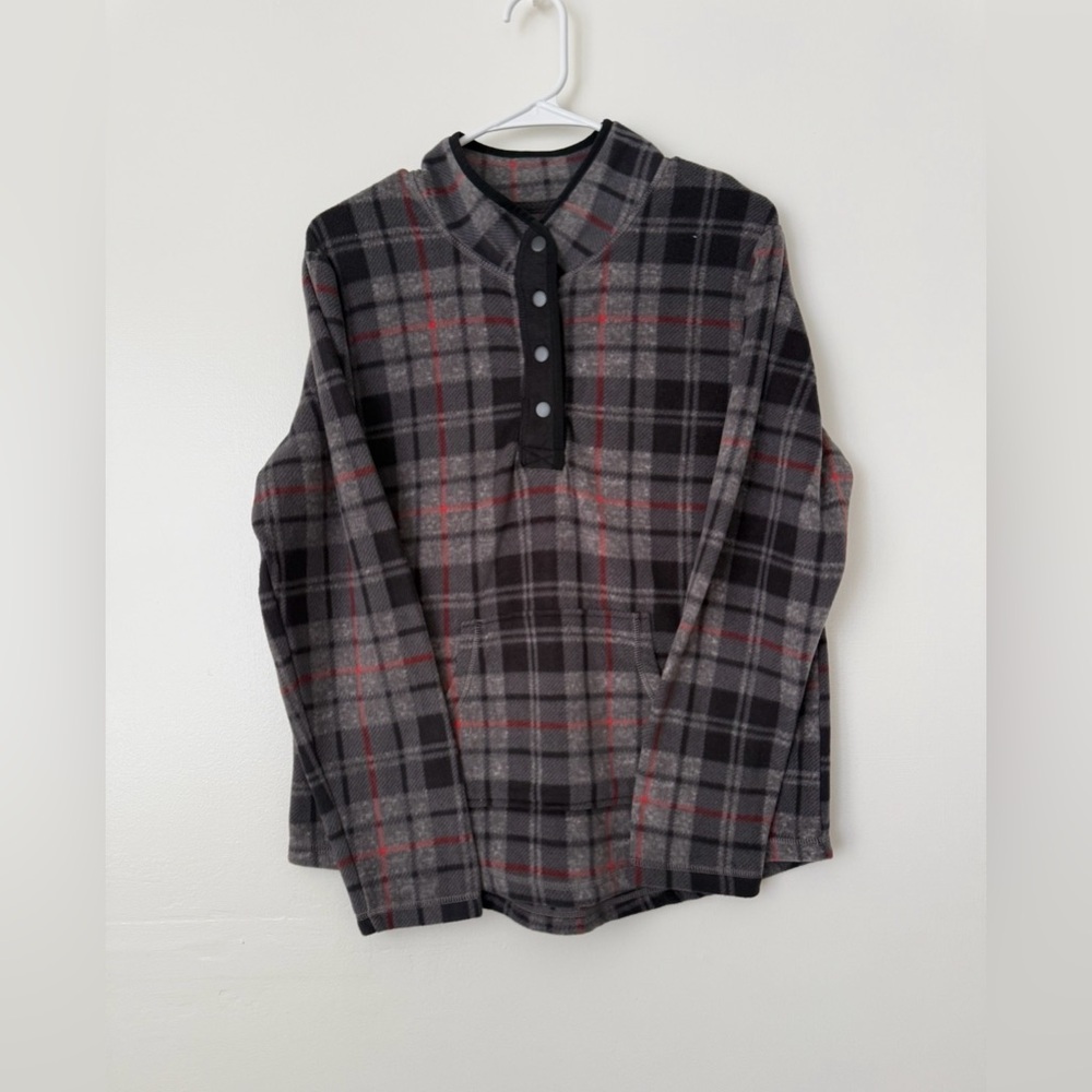 Women's Gray Plaid Button-Neck Pullover Fleece with Red Stripe